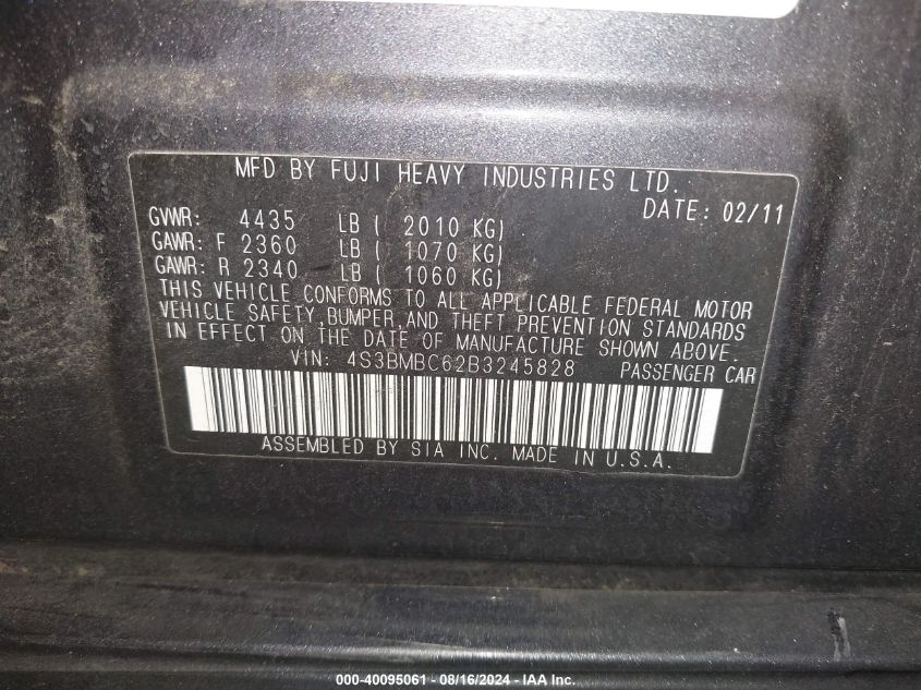 2011 Subaru Legacy 2.5I Premium VIN: 4S3BMBC62B3245828 Lot: 40095061