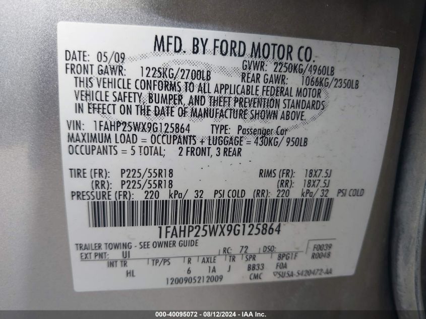 2009 Ford Taurus Limited VIN: 1FAHP25WX9G125864 Lot: 40095072
