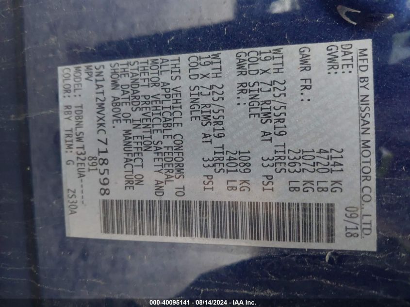 2019 Nissan Rogue Sl VIN: 5N1AT2MVXKC718598 Lot: 40095141