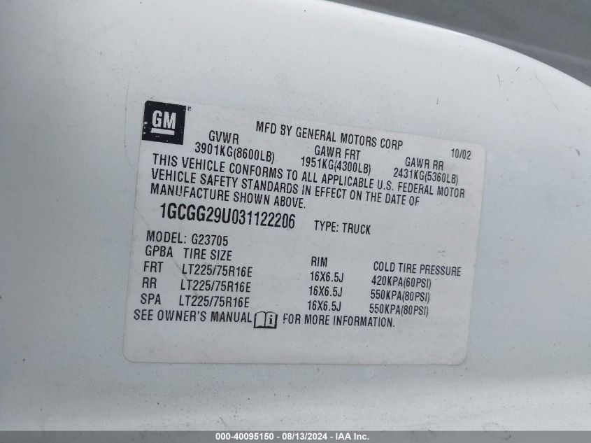 2003 Chevrolet Express VIN: 1GCGG29U031122206 Lot: 40095150