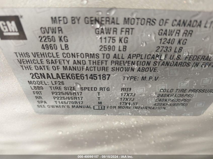 2014 Chevrolet Equinox Ls VIN: 2GNALAEK6E6145187 Lot: 40095157