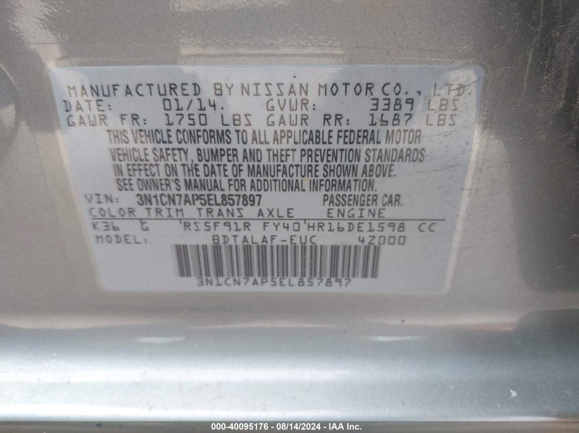 2014 Nissan Versa 1.6 S/1.6 S+/1.6 Sl/1.6 Sv VIN: 3N1CN7AP5EL857897 Lot: 40095176