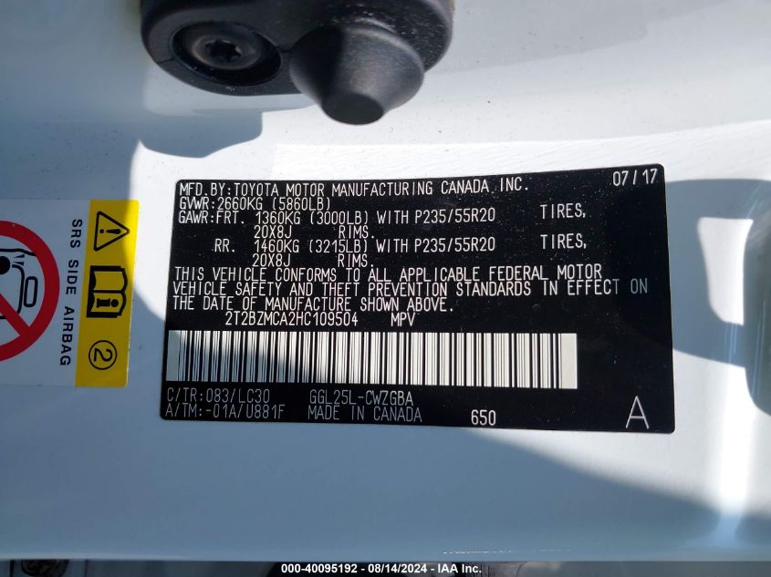 2017 Lexus Rx 350 F Sport VIN: 2T2BZMCA2HC109504 Lot: 40095192