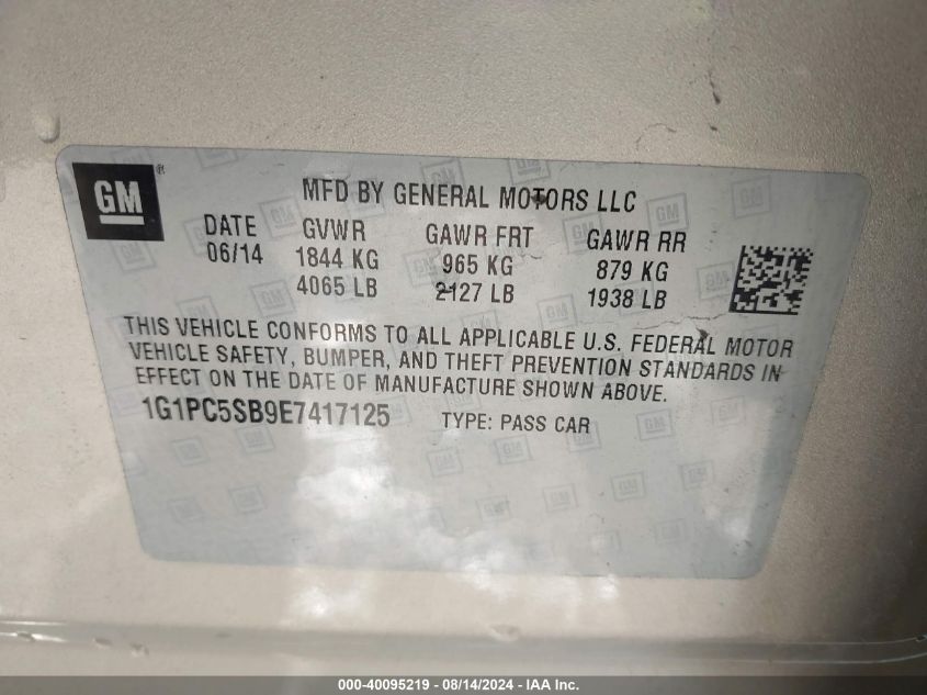 2014 Chevrolet Cruze 1Lt Auto VIN: 1G1PC5SB9E7417125 Lot: 40095219