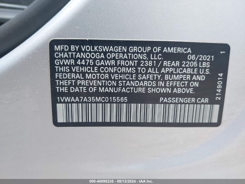 1VWAA7A35MC015565 2021 Volkswagen Passat 2.0T S