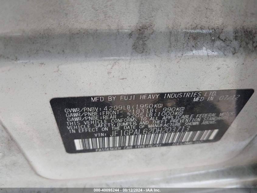 2013 Subaru Impreza 2.0I Sport Premium VIN: JF1GPAL62DH203713 Lot: 40095244