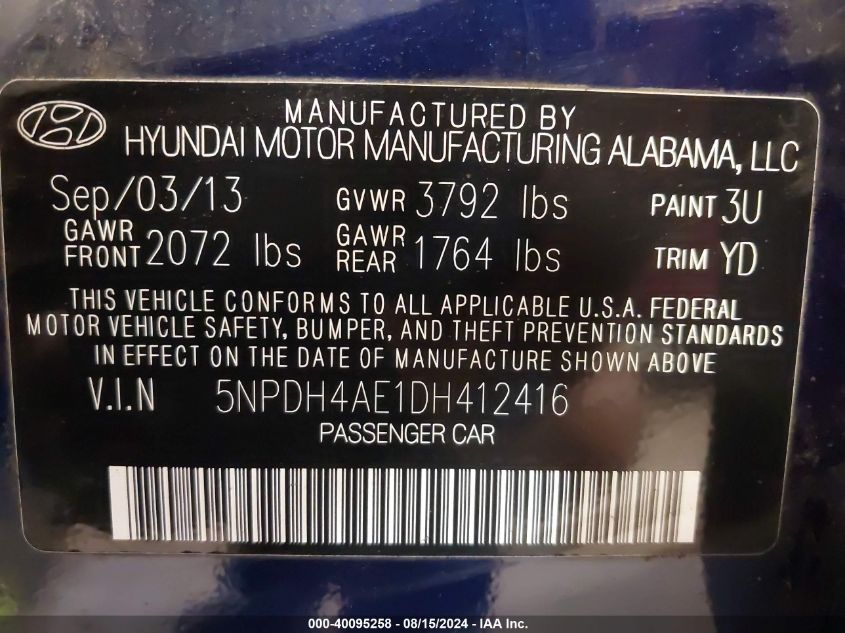 2013 Hyundai Elantra Gls VIN: 5NPDH4AE1DH412416 Lot: 40095258