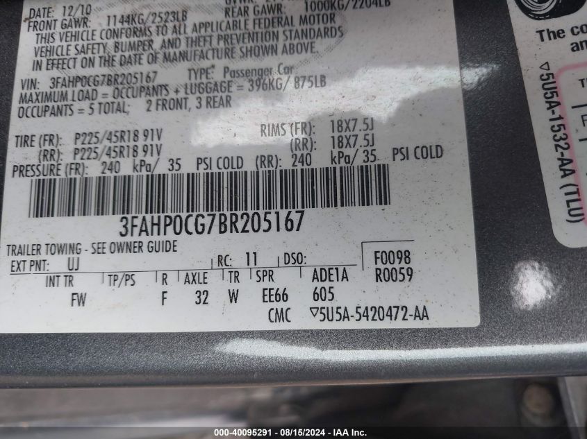 2011 Ford Fusion Sel VIN: 3FAHP0CG7BR205167 Lot: 40095291