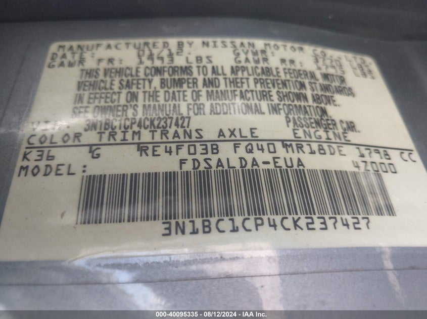 2012 Nissan Versa 1.8 S VIN: 3N1BC1CP4CK237427 Lot: 40095335