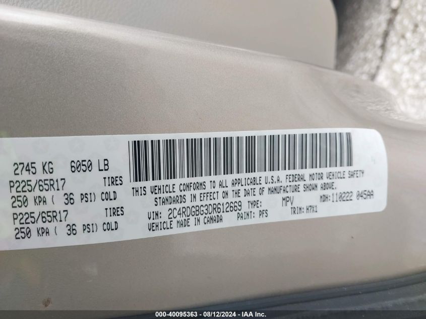 2013 Dodge Grand Caravan Se VIN: 2C4RDGBG3DR612669 Lot: 40095363