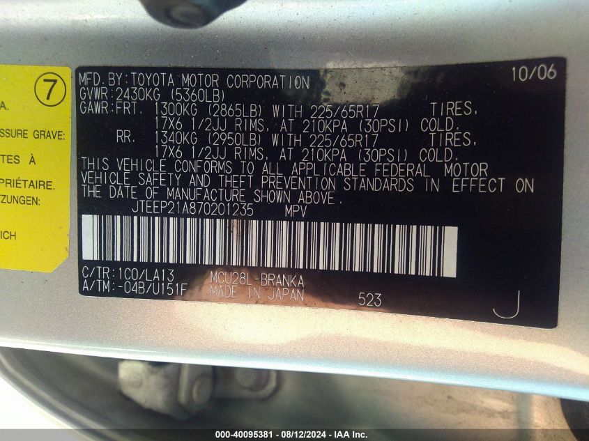 2007 Toyota Highlander Limited V6 VIN: JTEEP21A870201235 Lot: 40095381