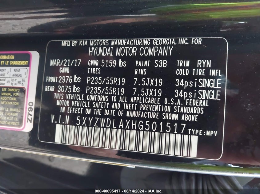 2017 Hyundai Santa Fe Sport 2.0T Ultimate VIN: 5XYZWDLAXHG501517 Lot: 40095417