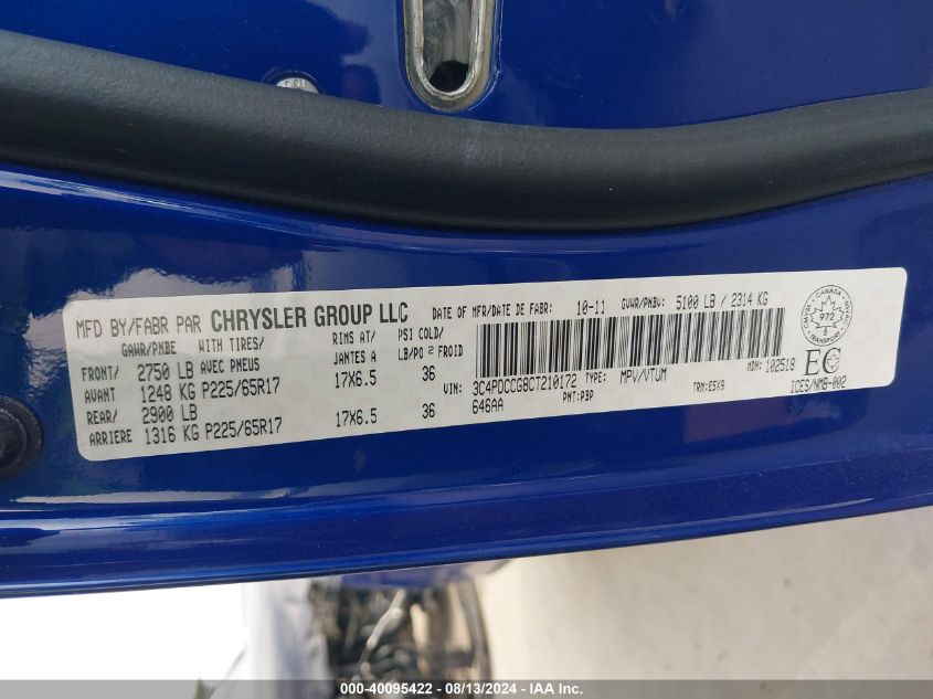 2012 Dodge Journey Sxt VIN: 3C4PDCCG8CT210172 Lot: 40095422