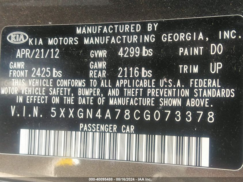 2012 Kia Optima Ex VIN: 5XXGN4A78CG073378 Lot: 40095488