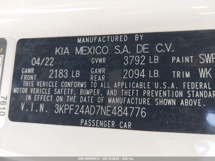 2022 Kia Forte Lxs VIN: 3KPF24AD7NE484776 Lot: 40095513