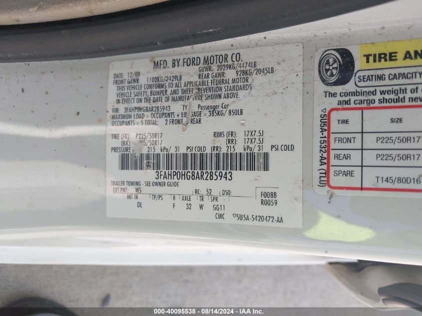 2010 Ford Fusion Se VIN: 3FAHP0HG8AR285943 Lot: 40095538