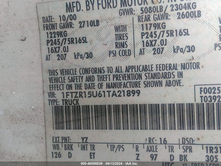 2001 Ford Ranger Edge/Xlt VIN: 1FTZR15U61TA21899 Lot: 40095539