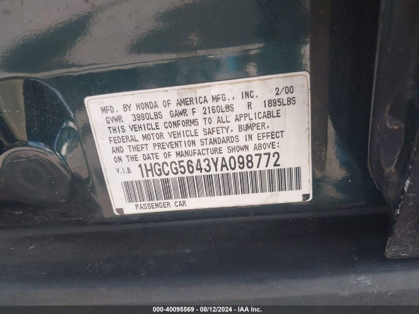 2000 Honda Accord 2.3 Lx VIN: 1HGCG5643YA098772 Lot: 40095569