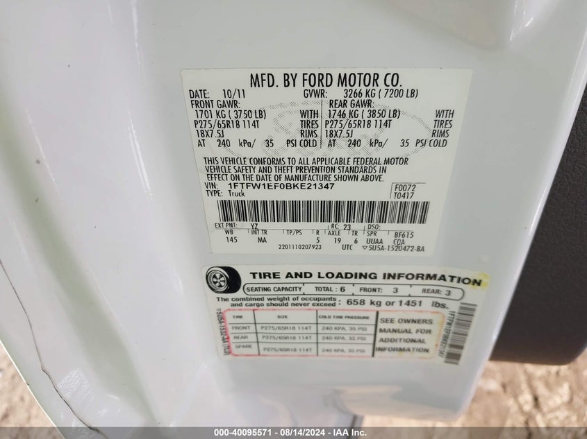 2011 Ford F-150 Supercrew VIN: 1FTFW1EF0BKE21347 Lot: 40095571