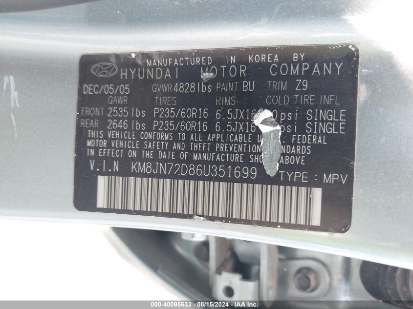 2006 Hyundai Tucson Gls/Limited VIN: KM8JN72D86U351699 Lot: 40095633