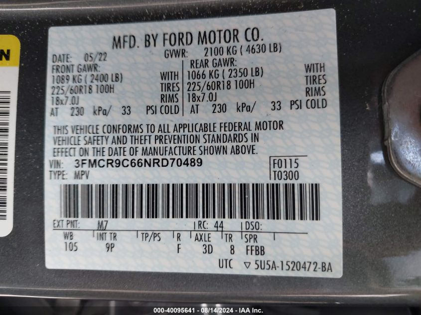 2022 Ford Bronco Sport Outer Banks VIN: 3FMCR9C66NRD70489 Lot: 40095641