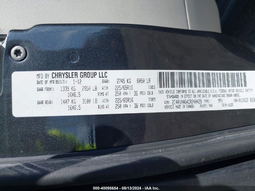 2012 Volkswagen Routan S VIN: 2C4RVAAG4CR240429 Lot: 40095654