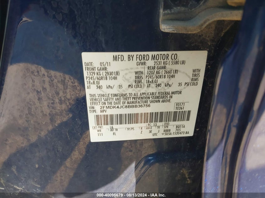 2011 Ford Edge Sel VIN: 2FMDK4JC8BBB36756 Lot: 40095679