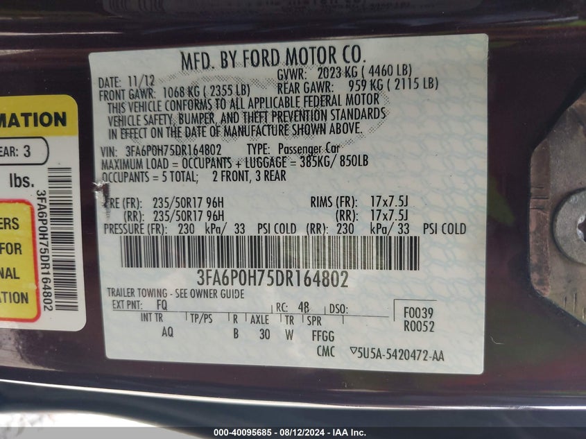 2013 Ford Fusion Se VIN: 3FA6P0H75DR164802 Lot: 40095685