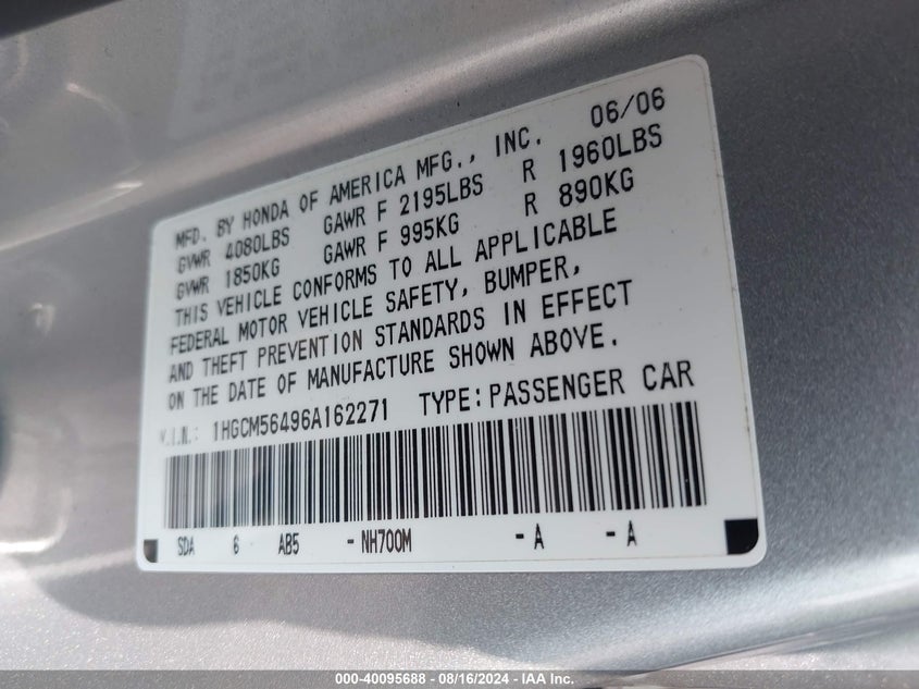 1HGCM56496A162271 2006 Honda Accord 2.4 Lx