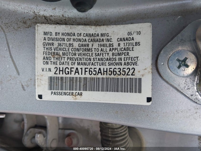 2010 Honda Civic Lx-S VIN: 2HGFA1F65AH563522 Lot: 40095720