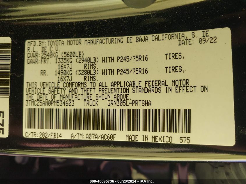 2023 Toyota Tacoma Sr V6 VIN: 3TMCZ5AN0PM534603 Lot: 40095736
