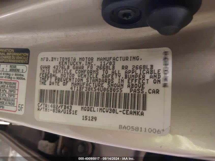 2004 Toyota Camry Le V6 VIN: 4T1BF30K54U068055 Lot: 40095817