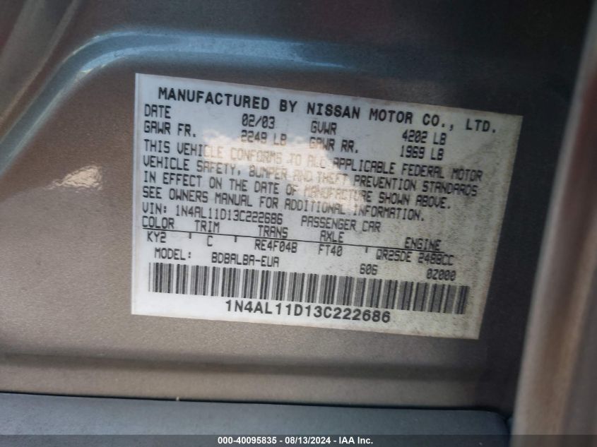 2003 Nissan Altima 2.5 S VIN: 1N4AL11D13C222686 Lot: 40095835