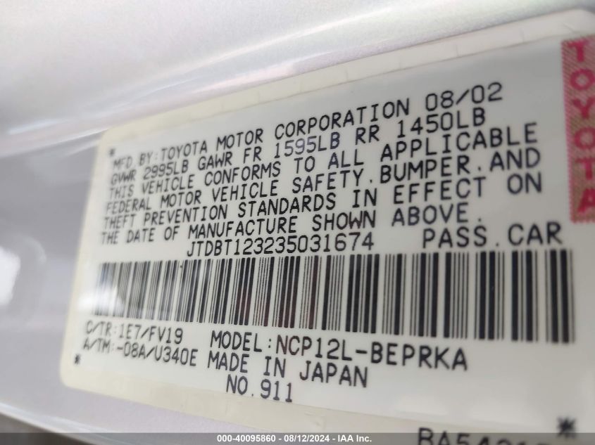 2003 Toyota Echo VIN: JTDBT123235031674 Lot: 40095860