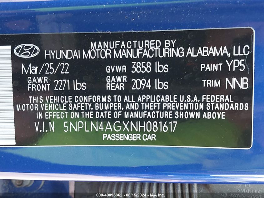 5NPLN4AGXNH081617 2022 Hyundai Elantra Sel