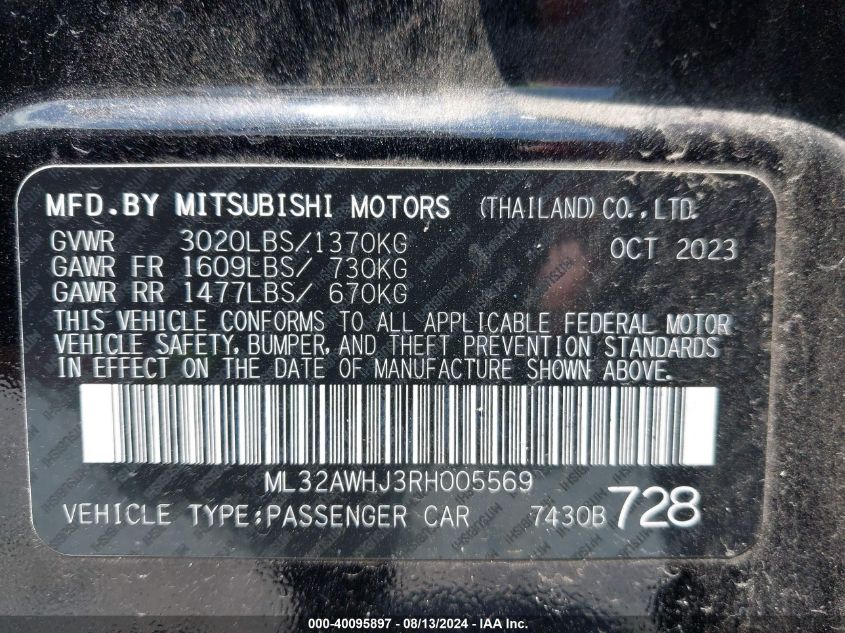 2024 Mitsubishi Mirage Se/Black Edition/Ralliart VIN: ML32AWHJ3RH005569 Lot: 40095897