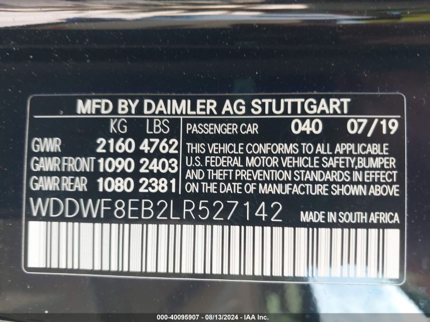 2020 Mercedes-Benz C 300 4Matic VIN: WDDWF8EB2LR527142 Lot: 40095907