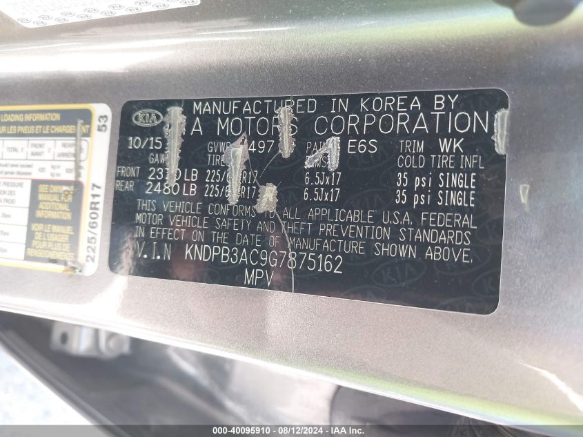 2016 Kia Sportage Lx VIN: KNDPB3AC9G7875162 Lot: 40095910
