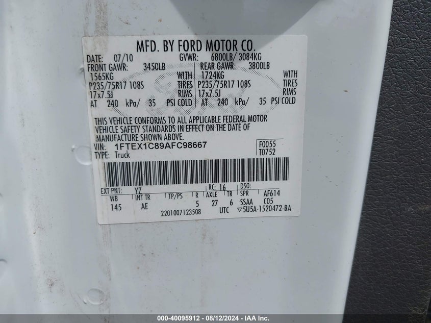 2010 Ford F-150 Fx2 Sport/Stx/Xl/Xlt VIN: 1FTEX1C89AFC98667 Lot: 40095912