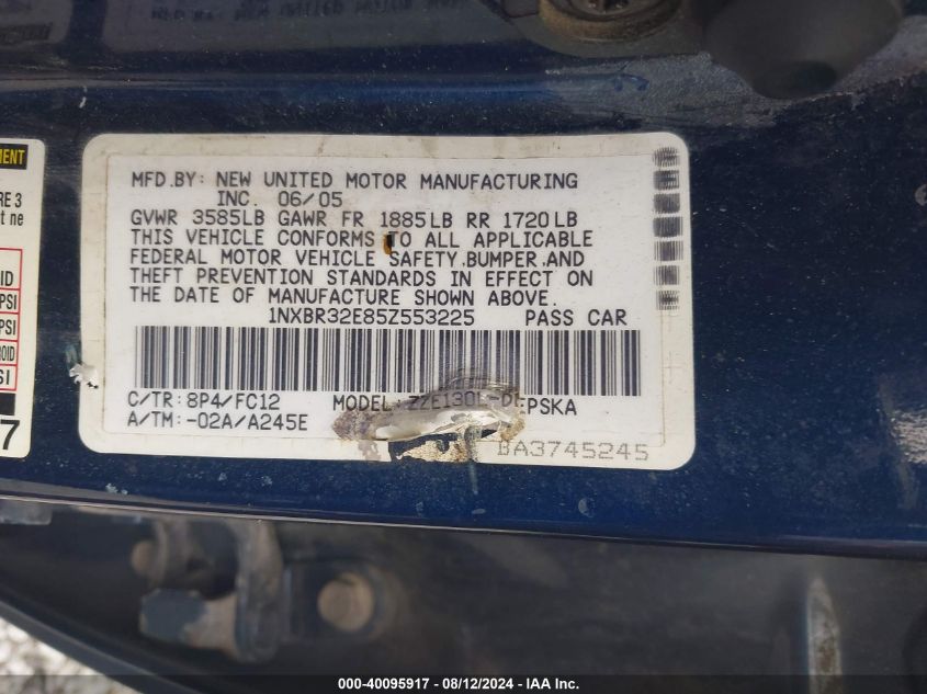 2005 Toyota Corolla S VIN: 1NXBR32E85Z553225 Lot: 40095917