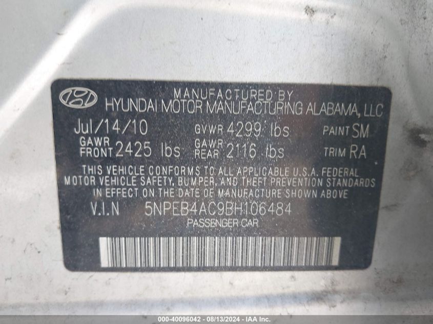 2011 Hyundai Sonata Gls VIN: 5NPEB4AC9BH106484 Lot: 40096042