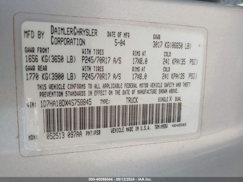 2004 Dodge Ram 1500 Slt/Laramie VIN: 1D7HA18DX4S758845 Lot: 40096044