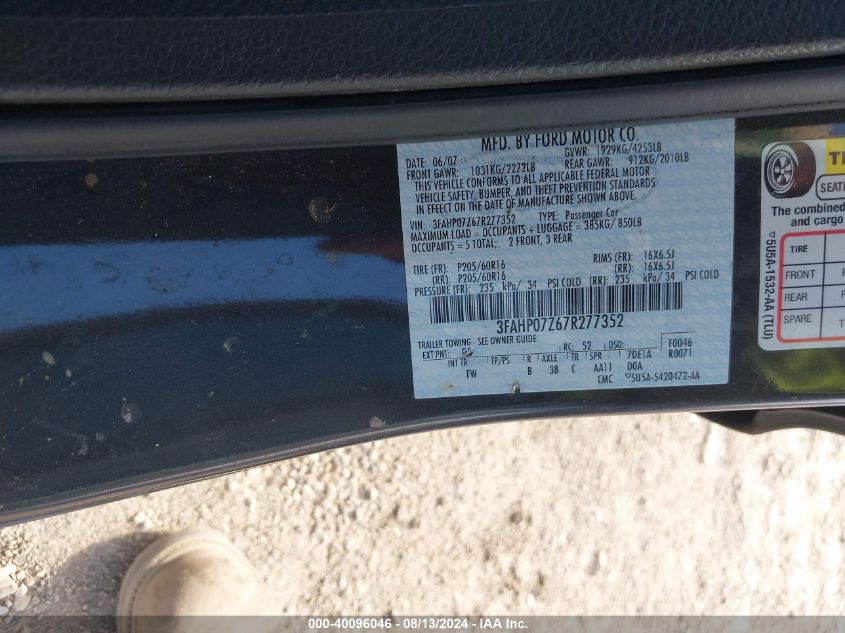 2007 Ford Fusion Se VIN: 3FAHP07Z67R277352 Lot: 40096046