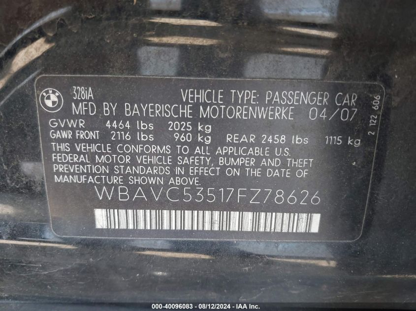 2007 BMW 328I VIN: WBAVC53517FZ78626 Lot: 40096083
