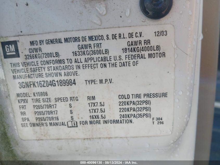 2004 Chevrolet Suburban 1500 Lt VIN: 3GNFK16Z04G189984 Lot: 40096130