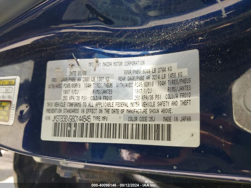 2008 Mazda Cx-9 Touring VIN: JM3TB38V980144545 Lot: 40096146