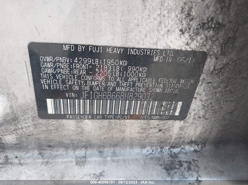 2011 Subaru Impreza 2.5I Premium VIN: JF1GH6B66BH829032 Lot: 40096151