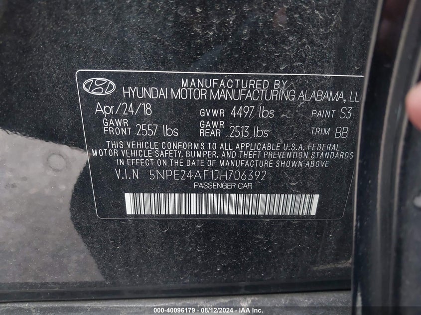VIN 5NPE24AF1JH706392 2018 HYUNDAI SONATA SE