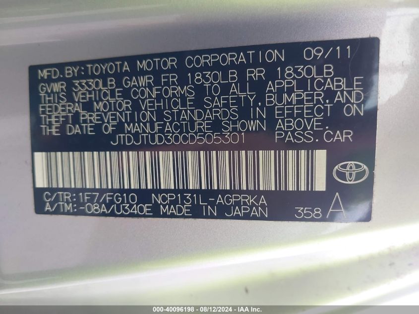 2012 Toyota Yaris L VIN: JTDJTUD30CD505301 Lot: 40096198