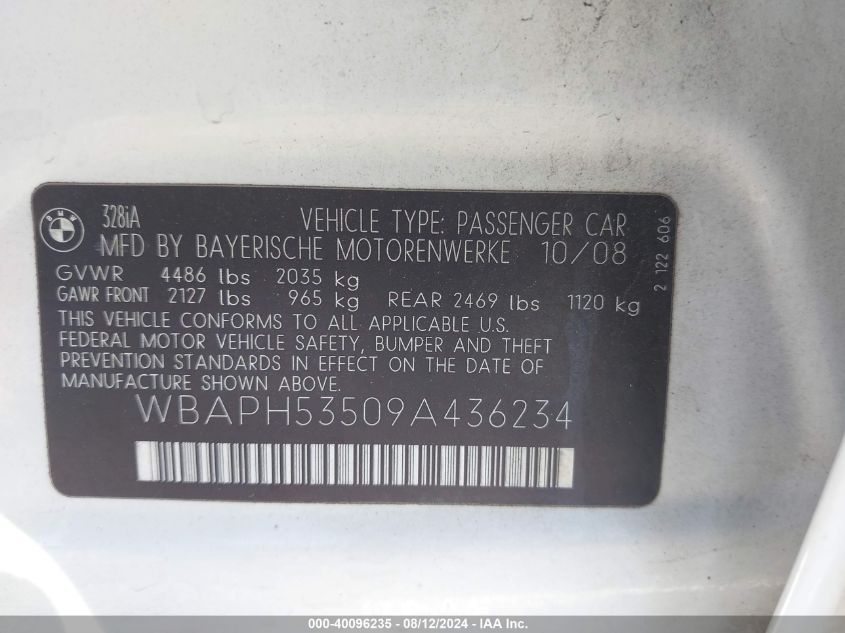 2009 BMW 328I VIN: WBAPH53509A436234 Lot: 40096235